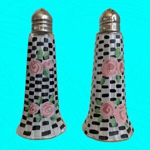 Vtg Bella Casa Ganz Checkerboard, Overpainted Roses Glass Salt Pepper Shakers